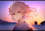  1boy alternate_hairstyle azna bangs blurry blurry_background blush closed_mouth commentary crossed_bangs genshin_impact grey_hair hair_between_eyes hair_down highres japanese_clothes kaedehara_kazuha letterboxed looking_at_viewer male_focus multicolored_hair outdoors red_eyes red_hair solo streaked_hair sunset symbol-only_commentary twitter_username 