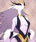  anthro avian beak breasts clothed clothing crown demon feathers female helluva_boss hi_res knight_guy looking_at_viewer mature_female partially_clothed simple_background solo stella_(helluva_boss) thick_thighs white_body white_feathers 