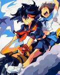  2girls ^_^ black_gloves black_hair black_neckerchief black_skirt blue_eyes brown_hair cheolsae closed_eyes cloud fingerless_gloves floating_hair gloves ground_vehicle highres kill_la_kill mankanshoku_mako matoi_ryuuko motor_vehicle motorcycle multiple_girls neckerchief open_mouth sailor_collar school_uniform senketsu serafuku short_hair skirt smile v-shaped_eyebrows 