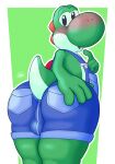  anthro balls big_butt blush boyhowdy bulge butt butt_grab clothing dinosaur genitals hand_on_butt hi_res looking_at_viewer male mario_bros nintendo overalls rear_view reptile scalie shortalls solo thick_thighs video_games wide_hips yoshi yoshi_(character) 