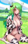 1girl absurdres animal_ears animal_print antlers blush braid breasts ceres_fauna cleavage clothing_aside commentary cow_print english_commentary flower grass green_hair highres holocouncil hololive hololive_english kneeling large_breasts long_hair looking_at_viewer navel outdoors smile thighhighs thighs tight underwear unstableboiler virtual_youtuber yellow_eyes 