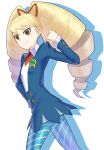  1girl absurdres big_hair blonde_hair blue_pantyhose breasts closed_mouth drill_hair highres long_hair looking_at_viewer luna_platz_(mega_man) mega_man_(series) mega_man_star_force pantyhose shingo_(picturepuzzle) simple_background smile solo striped twin_drills twintails white_background 