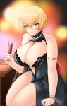  1girl absurdres bangs bare_shoulders blonde_hair blue_dress blue_eyes blurry blurry_background bracer breasts cleavage cup dress drinking_glass earrings feet_out_of_frame girls&#039;_frontline hair_ornament highres holding holding_cup jewelry large_breasts light_smile looking_at_viewer mole mole_on_breast mole_under_eye navel necklace official_alternate_costume open_mouth parted_lips short_hair sitting snowflake_hair_ornament solo thighs vsk-94_(girls&#039;_frontline) vsk-94_(night_on_the_silver_bay)_(girls&#039;_frontline) wine_glass xxpulp 