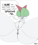  clitoris english_text female generation_3_pokemon genitals green_hair hair hair_over_eyes hi_res humanoid indynd nintendo open_mouth pokemon pokemon_(species) pussy ralts solo speech_bubble spread_legs spreading text thick_thighs video_games white_body 