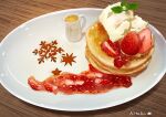  absurdres cream creamer_(vessel) food food_focus fruit garnish hi_to_ba highres jam original pancake plate snowflakes still_life strawberry table wooden_table 