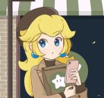  1girl alternate_costume beret black_coat black_headwear blonde_hair blue_eyes border chocomiru coat crown crown_removed earrings hat jewelry long_hair looking_at_viewer mario_(series) non-web_source phone princess_peach solo source_request starman_(mario) upper_body 