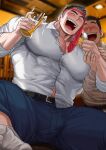  2boys abs absol_(dkqthf) alcohol bara beer black_hair blurry blurry_background blush closed_eyes collared_shirt cup drunk highres large_pectorals leather leather_belt male_focus manly mature_male multiple_boys muscular muscular_male musical_note necktie necktie_on_head open_mouth original pants pectorals scar shirt short_hair smile socks spiked_hair spoon spread_legs teeth thick_arms thick_eyebrows thick_thighs thighs tight tongue undercut 