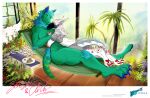  anthro blue_hair clich_(@cpbrown2017) cookie cuddling duo embrace female floral food grass green_body hair hi_res hug hynvale inside leaf machine male mamagen nature paws plant plate protogen senshu_(@cpbrown2017) sleeping sun white_body window 