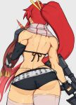  1girl ass bikini bikini_top_only black_shorts elbow_gloves fingerless_gloves gloves gun highres holding holding_gun holding_weapon long_hair looking_away muscular muscular_female pink_thighhighs ponytail red_hair rifle scarf short_shorts shorts simple_background sniper_rifle standing swimsuit tengen_toppa_gurren_lagann thighhighs weapon whale_tail_(clothing) yoko_littner yoracrab 