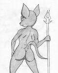  anthro butt canid canine canis female genitals jackal looking_back mammal monochrome muscular muscular_female nude pussy reddragonkan simple_background solo staff traditional_media_(artwork) unknown_character warrior weapon 