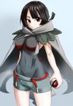  1girl absurdres belt black_hair breasts cloak closed_mouth highres looking_at_viewer poke_ball poke_ball_(basic) pokemon pokemon_(game) pokemon_oras red_belt red_eyes remya rope_belt short_hair short_ponytail short_shorts shorts simple_background skin_tight solo zinnia_(pokemon) 