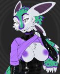  4_ears anthro avali avali_(original) breasts dianox eitami f-r95 feathered_wings feathers female female/female green_body hi_res hypnosis latex latex_clothing male male/female mind_control multi_ear nipples nude solo winged_arms wings 