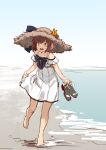  1girl barefoot beach blue_sky brown_eyes brown_hair cloud commentary_request day dress full_body hat kantai_collection official_alternate_costume open_mouth outdoors round_teeth sandals sandals_removed short_hair sky solo straw_hat sun_hat teeth translation_request unfinished upper_teeth watanore white_dress yukikaze_(kancolle) 