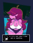  anthro big_breasts bottomwear breasts cleavage clothed clothing cutoffs deltarune denim denim_clothing dinosaur english_text female hair hair_over_eyes huge_breasts monamania navel non-mammal_breasts open_mouth purple_body purple_hair reptile scalie shirt shorts solo susie_(deltarune) tank_top text text_box thigh_gap topwear tsundere undertale_(series) video_games 