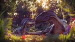  16:9 3d_(artwork) 4k absurd_res blender_(software) claws depth_of_field digital_media_(artwork) dinosaur dromaeosaurid fern flower forest grass hi_res indoraptor jurassic_park jurassic_world kretduy light male plant reptile scalie sunlight teeth theropod tree universal_studios velociraptor widescreen 