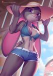  anthro bikini bikini_top bottomwear breasts cleavage clothed clothing disney female fur grey_body grey_fur hi_res hotpants judy_hopps lagomorph leporid long_ears looking_at_viewer mammal navel pakwan008 purple_eyes rabbit shorts smile smiling_at_viewer solo sun_hat swimwear zootopia 