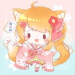  1girl animal_ear_fluff animal_ears bangs chibi commission fox_ears fox_girl fox_shadow_puppet fox_tail frilled_kimono frills hair_ornament hairclip highres indie_virtual_youtuber japanese_clothes kimono kinetsuki_noa long_hair nada_namie open_mouth orange_hair pink_footwear pink_kimono signature simple_background skeb_commission solo tail thighhighs twintails very_long_hair virtual_youtuber white_thighhighs wide_sleeves 