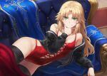  1girl bangs bare_shoulders black_thighhighs blonde_hair blush breasts cleavage collarbone fate/apocrypha fate_(series) green_eyes highres long_hair looking_at_viewer mordred_(fate) mordred_(fate/apocrypha) navel parted_bangs sidelocks small_breasts smile solo thighhighs thighs tonee 