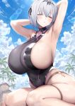  1girl absurdres alicia_renato_(yashiro_sousaku) armpits arms_behind_head arms_up bangs bare_arms blush breasts commission covered_navel haoni heterochromia highres huge_breasts looking_at_viewer one-piece_swimsuit original outdoors palm_tree parted_lips red_eyes sideboob sky swimsuit thighlet tree yellow_eyes 