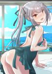  1girl apron ass blue_sky brown_eyes cloud commentary_request cowboy_shot fuji_(pixiv24804665) green_apron grey_hair highres kantai_collection kasumi_(kancolle) leaning_forward long_hair looking_at_viewer naked_apron side_ponytail sky solo standing 