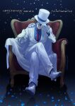  1girl 2022 adjusting_clothes adjusting_headwear bird bird_on_hand blue_eyes blue_shirt brown_hair chair character_name collared_shirt dated formal full_body grin happy_birthday hat highres jacket kaitou_kid long_sleeves looking_at_viewer magic_kaito monocle necktie pant_suit pants red_necktie remsor076 shirt short_hair sitting smile solo suit twitter_username white_headwear white_jacket white_pants wing_collar 