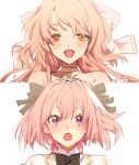  1boy 1girl astolfo_(fate) blonde_hair blush crossdressing dress facing_viewer fate_(series) hair_ribbon hetero highres koyashaka liss_meier_(koyashaka) long_hair looking_at_another multicolored_hair open_mouth original otoko_no_ko pink_hair purple_eyes ribbon smile wedding wedding_dress white_background yellow_eyes 