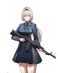  1girl an-94 an-94_(girls&#039;_frontline) assault_rifle blonde_hair blue_dress blue_eyes breasts cero_(last2stage) commission dress girls&#039;_frontline grey_dress gun highres holding holding_gun holding_weapon kalashnikov_rifle long_hair long_sleeves lycoris_recoil lycoris_uniform magazine_(object) medium_breasts ponytail rifle solo standing weapon 