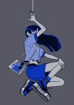 1girl arm_up bag bangs black_hair blue_footwear blue_nails blue_shirt blue_shorts cigarette earrings full_body grey_background jewelry kk724 limited_palette long_hair midriff original ring shirt shoes short_sleeves shorts shoulder_bag simple_background solo watch wristwatch 