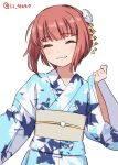  1girl 4690_(tkpbsk) :3 alternate_costume blue_kimono brown_hair closed_eyes hair_ornament japanese_clothes kimono one-hour_drawing_challenge short_hair simple_background smile solo white_background yukata z3_max_schultz_(kancolle) 