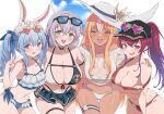  4girls :d animal_ears bangs bare_shoulders baseball_cap bikini blue_hair blue_ribbon blush breasts bunny-shaped_pupils choker cleavage dark-skinned_female dark_skin elf eyewear_on_head fang green_eyes grey_hair hair_between_eyes hair_ribbon halter_top halterneck hat heart heart-shaped_eyewear heart-shaped_pupils heterochromia hololive hololive_fantasy houshou_marine large_breasts long_hair looking_at_viewer mole mole_on_breast multicolored_hair multiple_girls navel o-ring o-ring_bikini off_shoulder open_mouth orange_eyes pointy_ears ponytail rabbit_ears rabbit_girl rabbit_tail red_bikini red_eyes red_hair ribbon shiranui_flare shirogane_noel shirt short_eyebrows short_hair skindentation smile streaked_hair sun_hat sunglasses swimsuit symbol-shaped_pupils tail teeth thick_eyebrows thigh_strap twintails two-tone_hair upper_teeth usada_pekora v vinhnyu virtual_youtuber wet wet_clothes wet_shirt white_bikini white_hair white_shirt yellow_eyes 