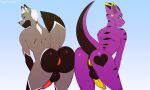  5:3 anthro anus ass_to_ass balls black_body black_fur butt butt_heart canid canine dragon duo fox fur genitals grey_body grey_fur hair huggablehusky jace_ehnon male male/male mammal penis presenting presenting_hindquarters purple_body purple_skin red_eyes red_penis statera white_hair yellow_eyes yellow_penis 