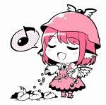  1girl animal_ears bird_ears bird_wings blush chibi closed_eyes dress earrings eighth_note frilled_dress frills full_body hat jewelry kapuchii kneehighs long_sleeves musical_note mystia_lorelei open_mouth pink_hair shoes short_hair simple_background single_earring smile socks solo spoken_musical_note touhou white_background winged_footwear winged_hat wings 