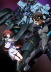  1boy 1girl absurdres ahoge brown_hair extra_eyes floating floating_hair fortified_suit gun hair_behind_ear hair_ribbon highres holding holding_gun holding_weapon kagami_sumika key_visual long_hair looking_to_the_side low_ponytail mecha muvluv muvluv_alternative muvluv_alternative_(anime) official_art open_hand open_mouth pilot_suit promotional_art red_eyes red_hair ribbon robot science_fiction shirogane_takeru tactical_surface_fighter type_94_shiranui weapon xg-70b_susanoo_ii yellow_ribbon 