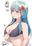  1girl 1other absurdres aqua_eyes aqua_hair bare_shoulders bikini breasts cleavage commentary dyson_(edaokunnsaikouya) flower hair_flower hair_ornament hairclip heart highres kantai_collection large_breasts long_hair open_mouth purple_bikini simple_background solo_focus suzuya_(kancolle) swimsuit the_yuudachi-like_creature upper_body white_background 