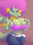  afro anthro belt big_breasts bottomwear bracelet breasts cleavage clothed clothing crocodilian denim denim_clothing donkey_kong_(series) ear_piercing ear_ring female green_body hair half-closed_eyes hand_on_breast hi_res huge_breasts jeans jewelry joelasko kalypso kremling midriff narrowed_eyes navel nintendo non-mammal_breasts pants piercing pink_hair red_eyes reptile ring_piercing scalie shirt solo tank_top thick_thighs thong topwear underwear video_games wide_hips 