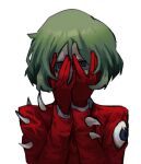  1boy absurdres blue_eyes coco_(556ch0cl8) commentary_request covering_face e.g.o_(project_moon) employee_(lobotomy_corporation) gloves green_hair highres jacket lobotomy_corporation long_sleeves male_focus nothing_there project_moon red_gloves red_jacket shirt short_hair simple_background solo upper_body white_background white_shirt 