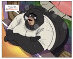  2022 anthro big_butt black_body black_nose bodily_fluids border butt clothing detailed_background english_text hi_res humanoid_hands male mammal musk outside overweight overweight_anthro overweight_male satsui-n0-had0u shirt solo sweat text topwear ursid white_border 