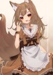  1girl :d absurdres animal_ear_fluff animal_ears apron brown_background brown_dress brown_hair brown_nails collarbone dress fox_ears fox_girl fox_tail frilled_apron frilled_dress frilled_sailor_collar frills hair_ornament hairclip hand_up highres hinata_(user_rjkt4745) long_hair looking_at_viewer nail_polish original plaid plaid_background puffy_short_sleeves puffy_sleeves red_eyes sailor_collar sailor_dress short_sleeves smile solo tail v waist_apron white_apron white_sailor_collar 