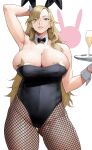  1girl animal_ears arm_behind_head arm_up armpits bangs bare_shoulders black_leotard blonde_hair blue_eyes bow bowtie breasts cleavage collarbone covered_nipples cup detached_collar drinking_glass fake_animal_ears fishnet_pantyhose fishnets grin highleg highleg_leotard highres huge_breasts leotard long_hair looking_at_viewer mature_female original pantyhose parted_bangs pasties playboy_bunny rabbit_ears smile solo star_pasties thighs tray wrist_cuffs yoshio_(55level) 