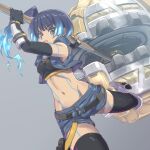  1girl blue_hair brown_eyes chest_jewel fiery_hair glowing_lines hammer highres holding holding_hammer leggings navel sena_(xenoblade) short_shorts shorts shoulder_strap simple_background solo sports_bra xenoblade_chronicles_(series) xenoblade_chronicles_3 yazwo 