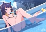  1girl absurdres bangs barefoot bikini black_bikini blue_eyes cloud commission day feet flat_chest food gloves gradient_hair highres holding hololive hololive_english long_hair looking_at_viewer micro_bikini mole mole_under_eye multicolored_hair ninomae_ina&#039;nis orange_hair outdoors partially_submerged ponytail pool popsicle purple_hair rubber_duck signalviolet signature skeb_commission sky solo swimsuit tentacle_hair tree very_long_hair virtual_youtuber water wet 