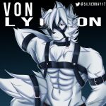  1:1 2022 absurd_res anthro artist_name bottomwear canid canine canis clothed clothing dated fur harness hi_res looking_at_viewer male mammal mihoyo muscular muscular_anthro muscular_male name_in_background one_eye_obstructed patreon signature silverray17 solo topless topless_anthro topless_male twitter twitter_logo video_games von_lycaon white_body white_fur wolf zenless_zone_zero 