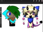  4:3 ambiguous_gender anthro bandanna black_body black_fur black_horn black_nose black_tongue blonde_hair blue_body blue_eyes blue_fur blue_stripes bodily_fluids brown_body brown_fur canid chest_tuft chibi crying domestic_cat dreamscreep duo eye_through_hair facial_markings facial_tuft fan_character fangs felid feline felis female fluffy fur green_hair hair hair_over_eye head_markings hi_res horn hybrid kerchief mammal markings one_eye_closed one_eye_obstructed pink_body pink_eyes pink_fur short_hair simple_background smile spade_tail sparklecat sparkledog striped_body striped_fur striped_markings striped_tail stripes tail_markings tears tongue translucent translucent_hair tuft white_background wink 