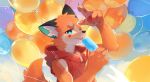  anthro balloon black_nose blue_body blue_fur blush canid canine claws clothing cloud day finger_claws food fox foxy_(nekojita) fur holding_food holding_object holding_popsicle hoodie inflatable inner_ear_fluff kemono looking_at_viewer male mammal nekojita one_eye_closed open_mouth orange_body orange_fur pawpads pink_pawpads popsicle red_clothing red_hoodie red_topwear shaded sky snout solo topwear tuft white_body white_fur 