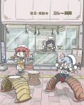  3girls :3 apron black_hair black_pantyhose blue_hair blue_neckerchief blue_sailor_collar blue_skirt bob_cut bon_curry braid chef_hat chibi commentary_request etorofu_(kancolle) ferretsan7 gloves gradient_hair hat highres kantai_collection long_hair maid_headdress matsuwa_(kancolle) multicolored_hair multiple_girls neckerchief pantyhose pleated_skirt purple_eyes red_eyes red_hair sado_(kancolle) sailor_collar school_uniform serafuku shirt side_braid sitting skirt sleeveless sleeveless_shirt table thick_eyebrows twin_braids undershirt waitress white_gloves white_headwear 