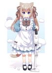  1girl animal_ear_fluff animal_ears apron bangs blue_background blue_dress blue_eyes blush bow brown_bow brown_hair brown_ribbon cat_ears cat_girl cat_tail closed_mouth collared_dress commentary_request diagonal-striped_bow dress frilled_apron frilled_dress frills hair_between_eyes hair_ribbon hand_on_hip highres holding long_hair long_sleeves nakkar original polka_dot polka_dot_background puffy_long_sleeves puffy_sleeves ribbon shadow solo tail twintails two-tone_background used_tissue vacuum_cleaner white_apron white_background 