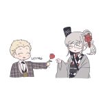  1boy 1girl :d alternate_costume bangs blush closed_eyes collared_shirt cropped_torso danganronpa_(series) danganronpa_2:_goodbye_despair facing_another flower gamhwa glasses grey_hair hair_flower hair_ornament hair_ribbon holding holding_flower jacket kuzuryuu_fuyuhiko long_hair long_sleeves open_mouth pekoyama_peko plaid plaid_jacket red_flower red_rose ribbon rose shirt simple_background smile translation_request upper_body white_background white_ribbon wide_sleeves 