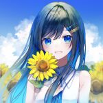  1girl absurdres bangs blue_eyes blue_flower blue_hair blue_sky blush cevio cloud flower hair_between_eyes hair_flower hair_ornament hairclip hi_to_ba highres holding holding_flower long_hair looking_at_viewer open_mouth shirt sky sleeveless sleeveless_shirt solo sunflower white_shirt yellow_flower 