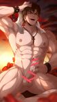  1boy abs absurdres bangs bar_censor bara belial_(granblue_fantasy) black_hair censored erection granblue_fantasy highres jewelry kuroshinki large_pectorals male_focus muscular muscular_male navel necklace nipples nude outdoors pectorals penis red_eyes ring short_hair smile solo sunset thick_thighs thighs towel towel_around_neck wristband 