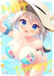  1girl :d animal_ears animal_hat aoi_yun arm_up bangs bare_shoulders bikini blue_bikini blue_eyes blush breasts brown_headwear cleavage collarbone commentary_request cover cover_page english_text fake_animal_ears fang floral_print flower grey_hair hair_between_eyes hand_on_headwear hat hat_flower highres large_breasts looking_at_viewer original print_bikini short_eyebrows side-tie_bikini smile solo sun_hat swimsuit tail thick_eyebrows water white_flower 